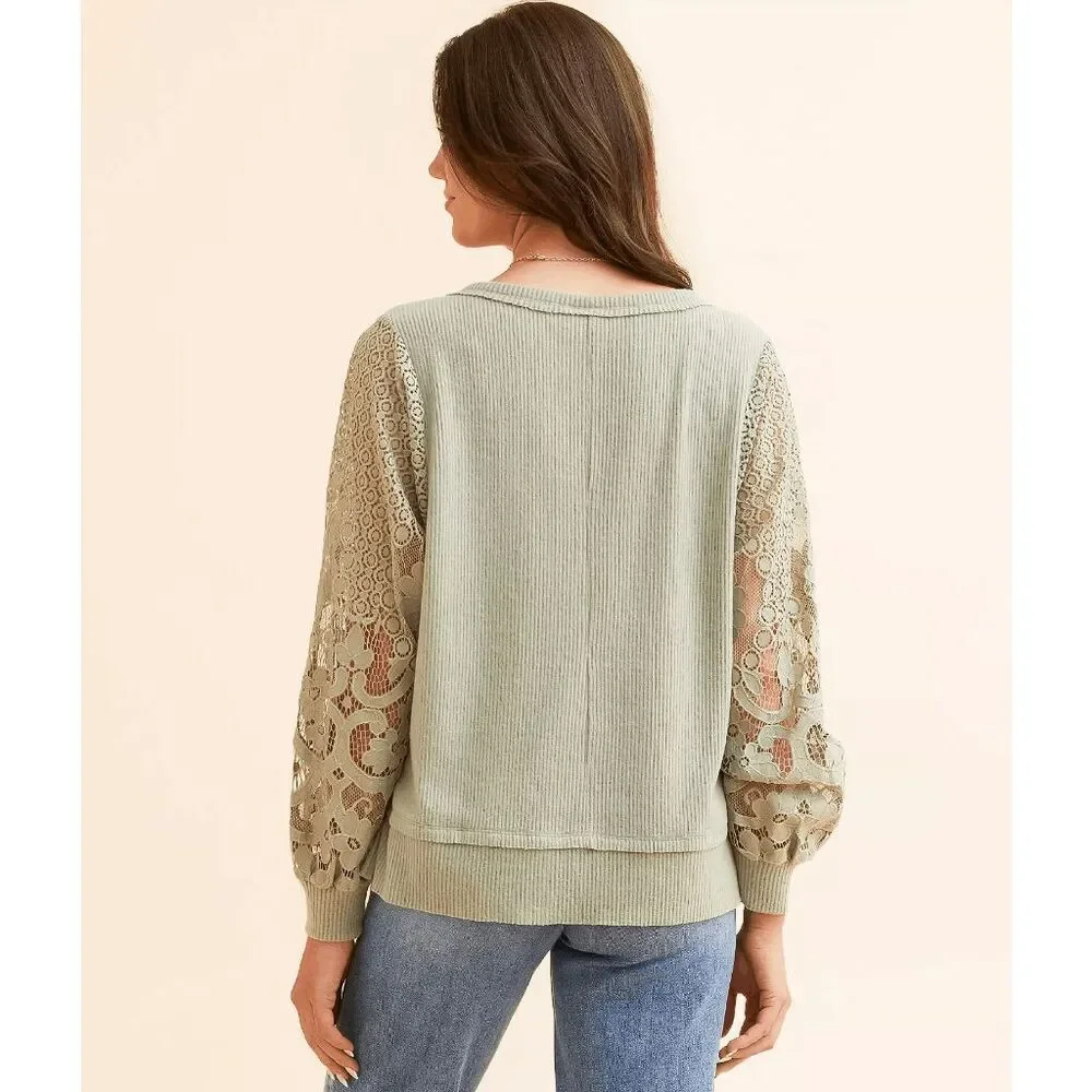 Daytrip BKE Sage Green Floral Lace Sleeve Ribbed Blouse Top Small - Picture 9 of 10
